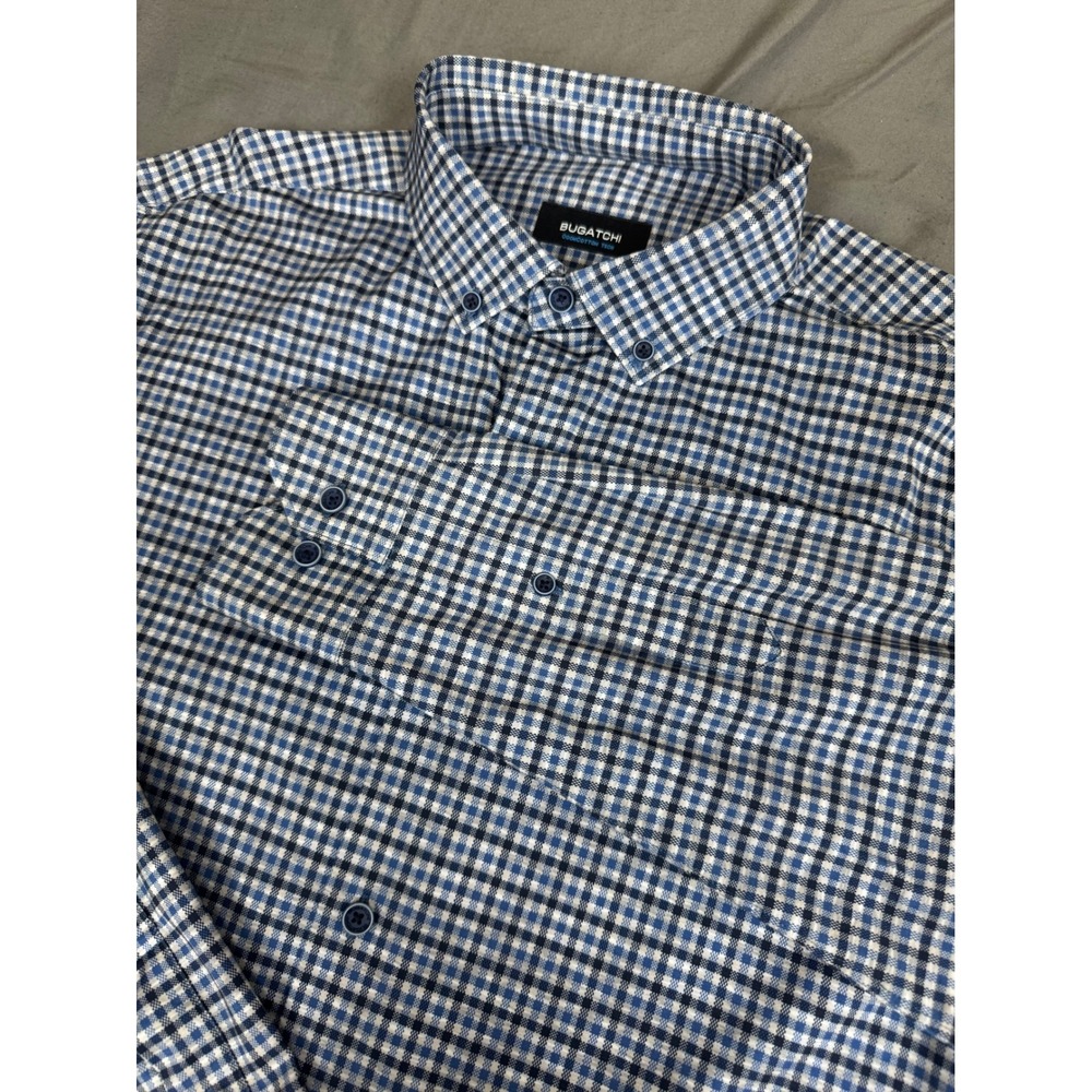 Bugatchi OoohCotton Tech Mens M Blue White Gingham Check L/S Button Down Shirt